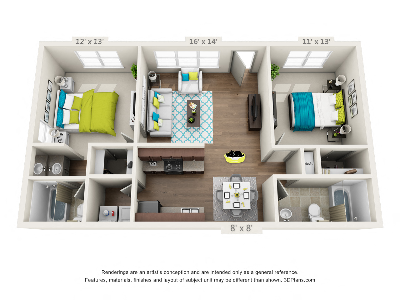 Floor plan for 2 beds, 2 baths, 900 sqft